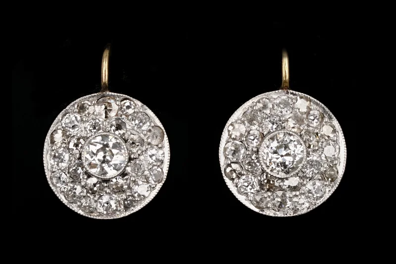 Edwardian Platinum & 14K Yellow Gold Diamond Cluster Earrings