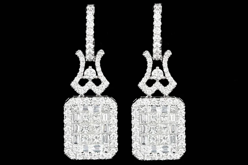 New 18K White Gold 4.44 Carats Princess, Baguette, and Round Cut Diamond Earrings