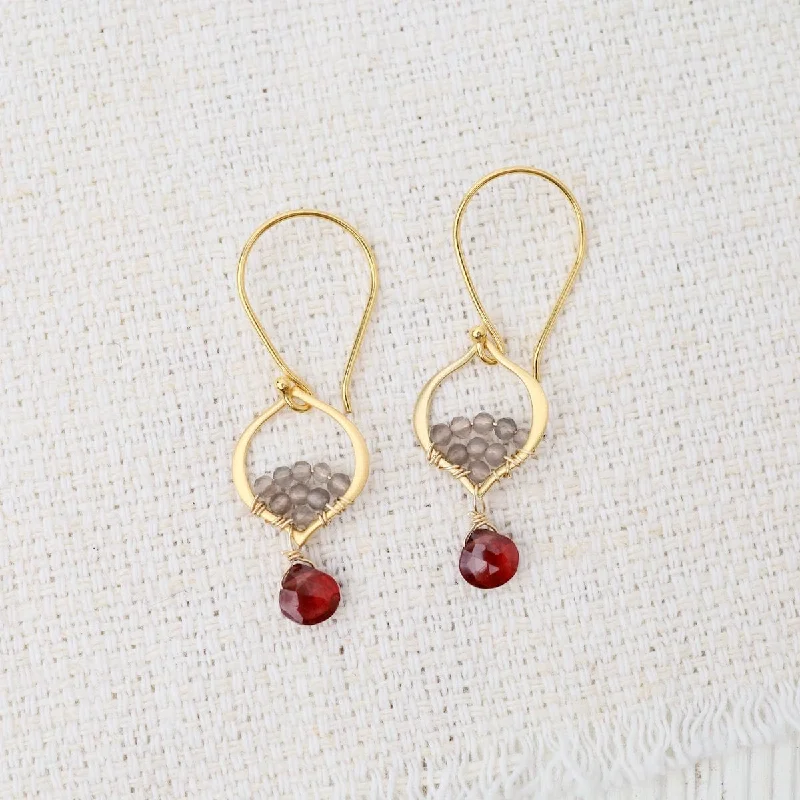 Tiny Arabesque Earrings with Garnet and Gray Moonstone