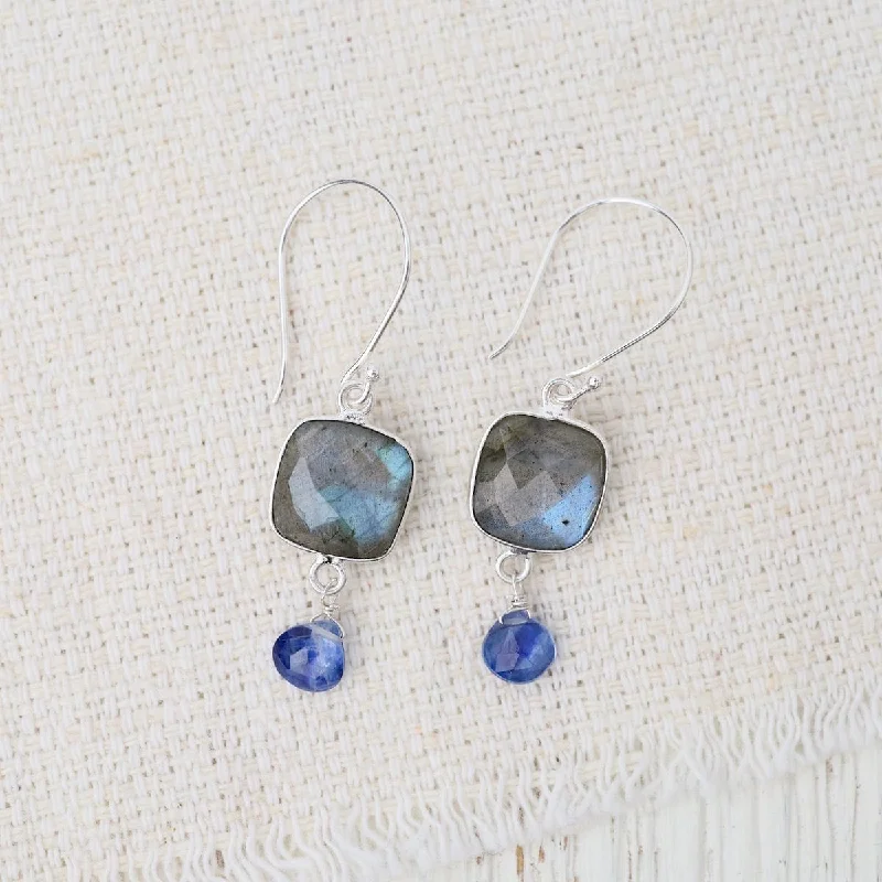 Silver Labradorite Square Link Earrings