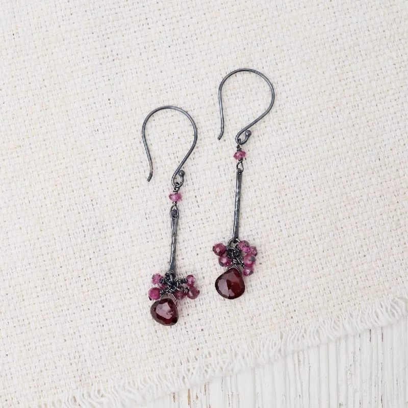 Oxidized Silver Bar Link Earrings in Garnet