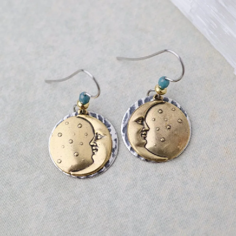 Brass Stamped Man in the Moon on Hammered Disc Earrings