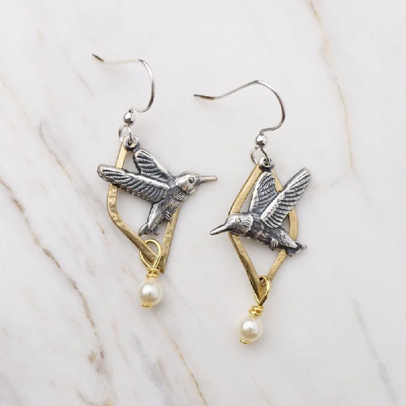 Silver Hummingbird in Flight on Open Marquise with White Pearl Dangle Earrings