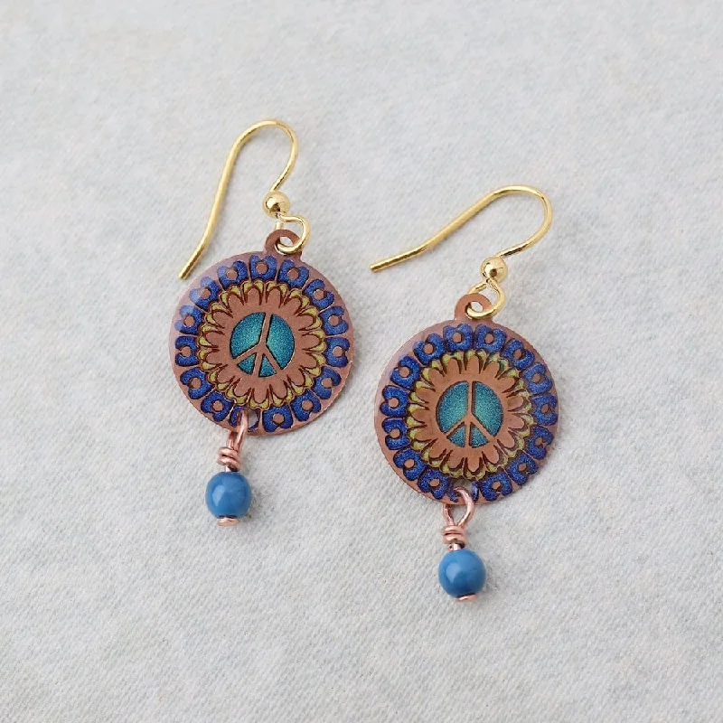 Copper Peace Mandala Earrings in Blue with Dangling Beads