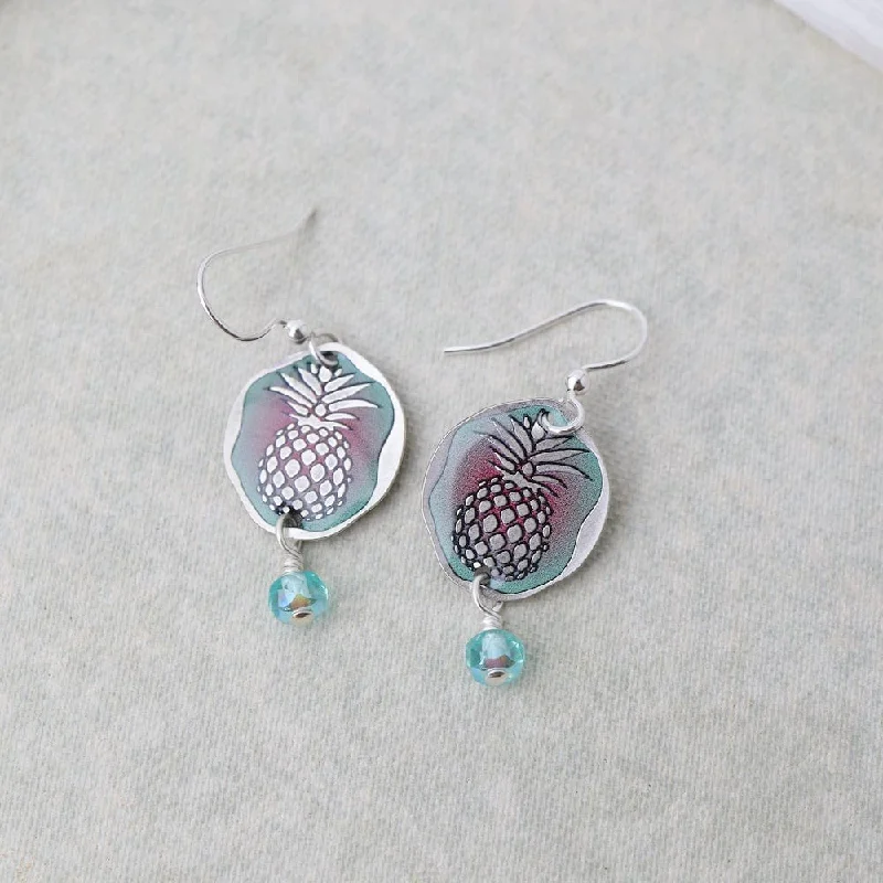 Good Luck Pineapple - Silver/Green/Pink Earrings