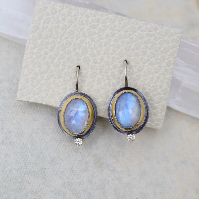 Crescent Rim Hook Earrings with Rainbow Moonstone & Diamond