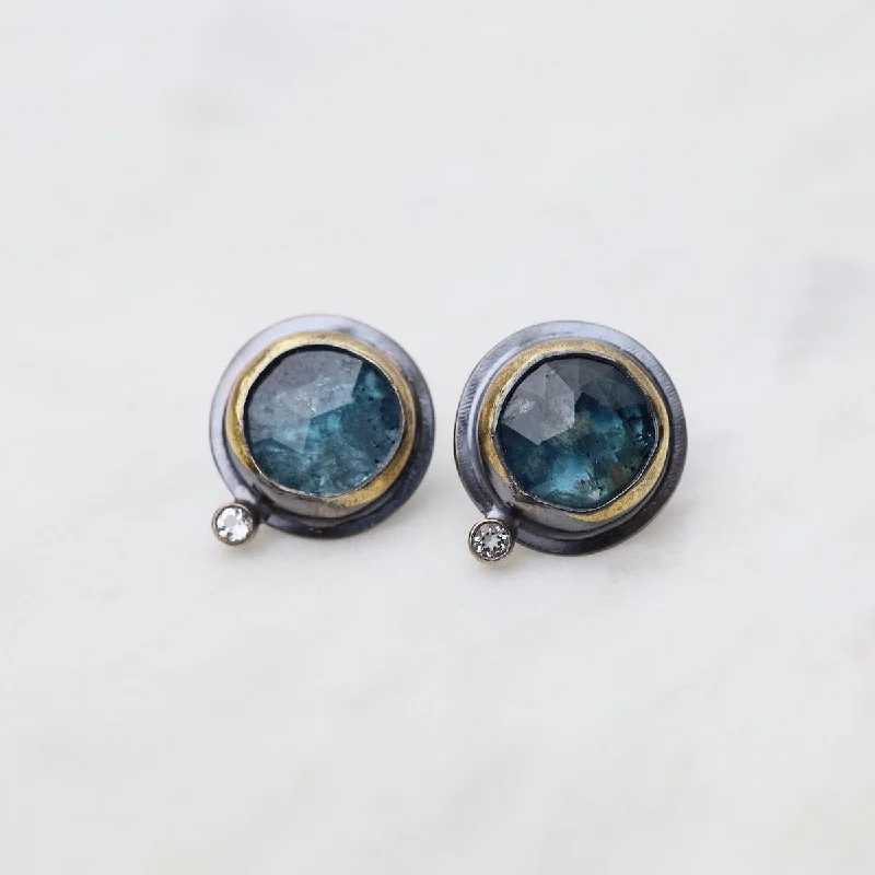 Oval Crescent Rim Post Earrings with Teal Kyanite