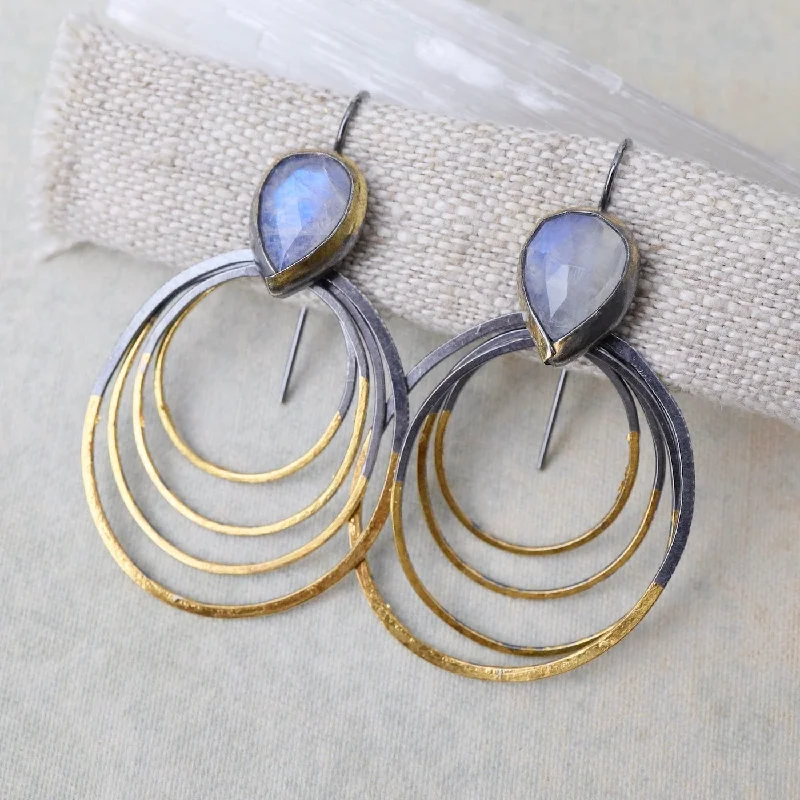 Rainbow Moonstone Medium Ripple Rim Earrings