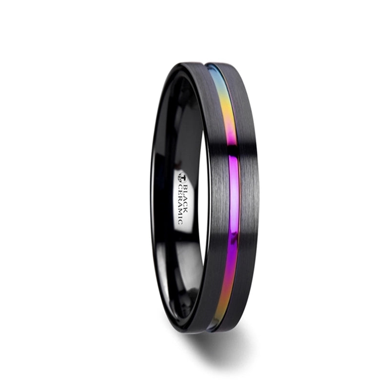 Flat Black Ceramic Band with Rainbow Groove