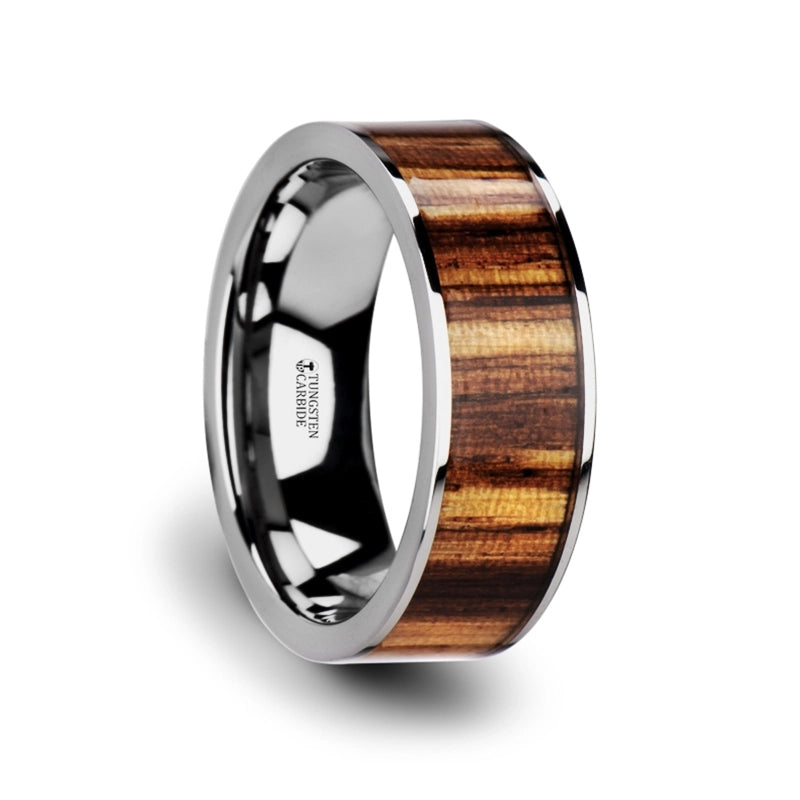 Flat Tungsten Carbide Band with Real Zebra Wood Inlay