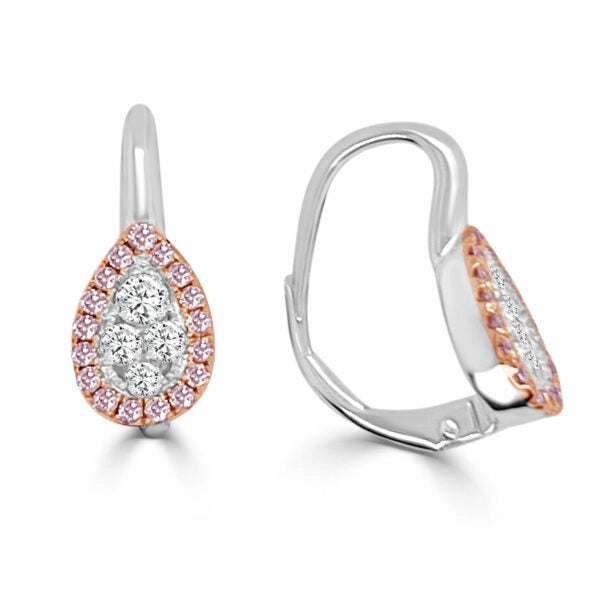 Frederic Sage 14K White and Rose Gold Pear Design Cluster Diamond Dangle Earrings with Pink Diamond Halo