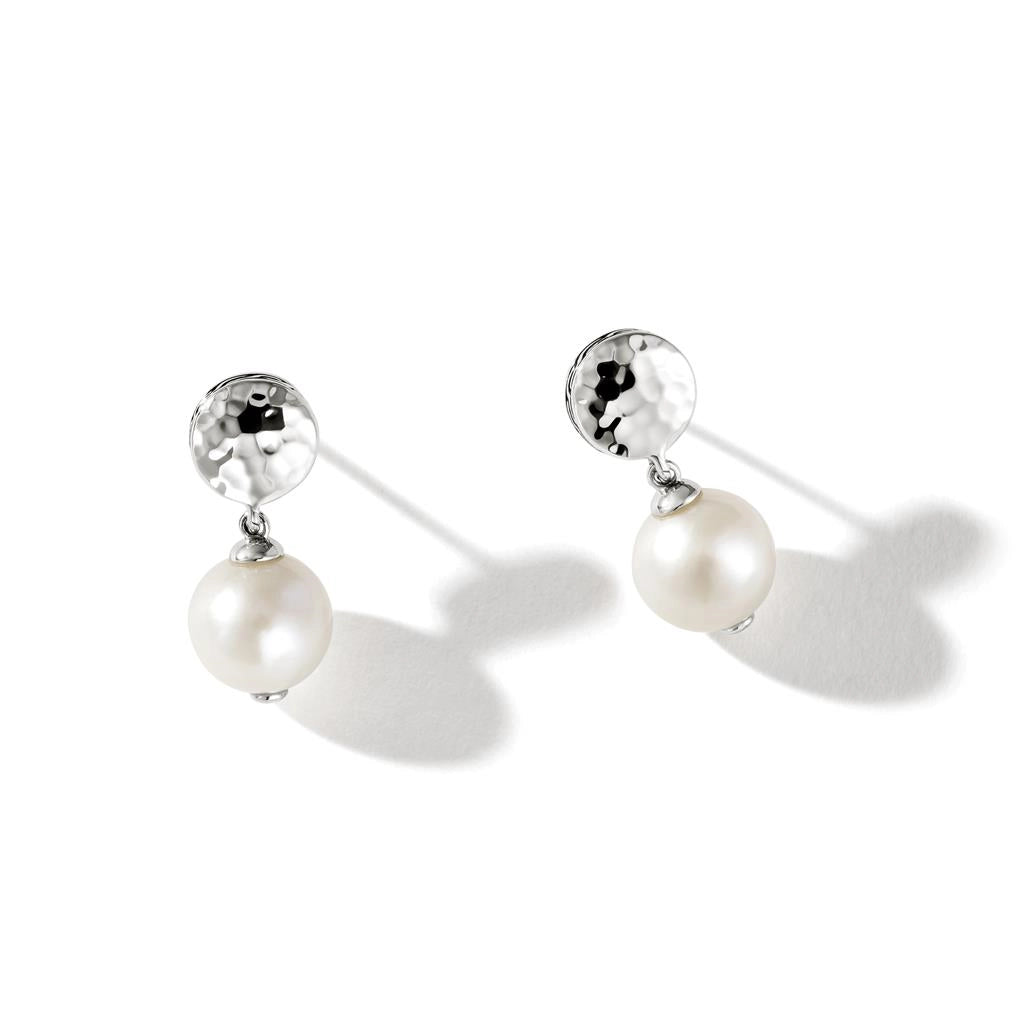 John Hardy Classic Chain Sterling Silver Hammered Dangle Earrings with 9-9.5mm Cultured Fresh Water Pearl