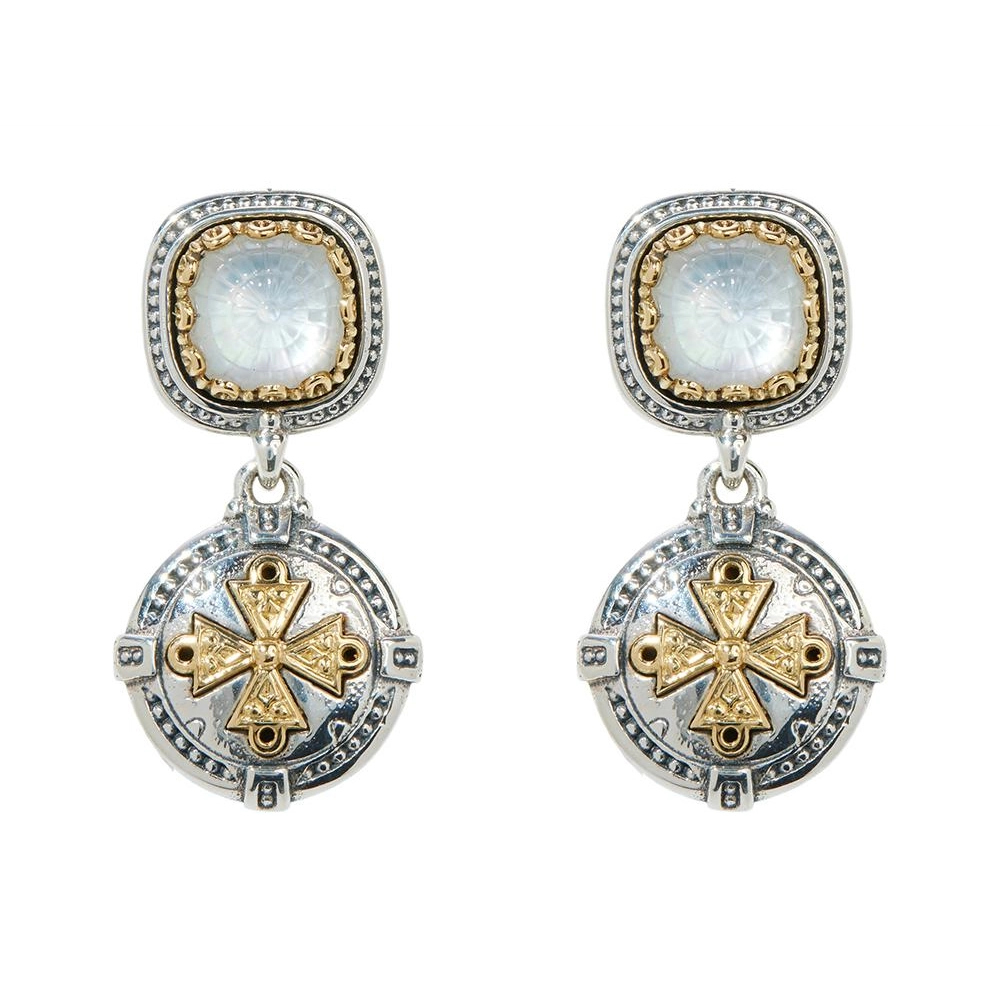 Konstantino Dome Silver and 18K Gold Crystal over Mother Of Pearl Doublet Etched Dangle Earrings