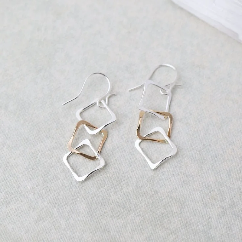 3 Square Link Earrings - Mix Metals