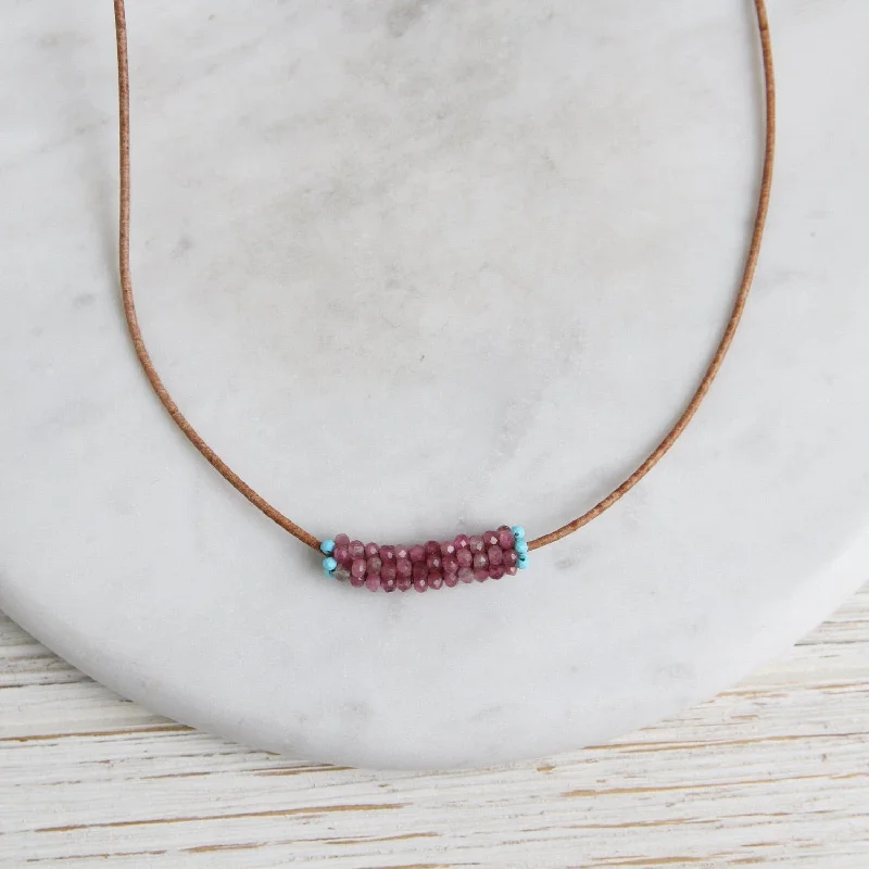 Hand Stitched Pink Tourmaline & Tiny Turquoise Trim Leather Necklace