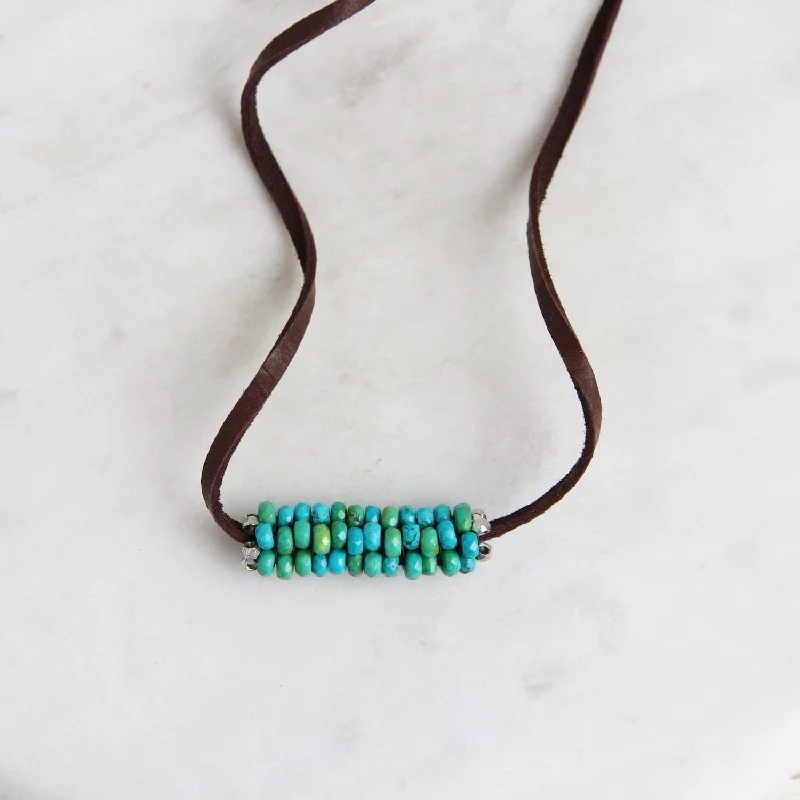 Hand Stitched Large Multi Color Turquoise Suede Necklace