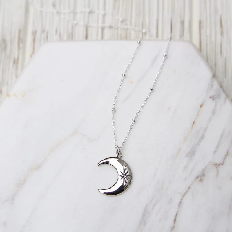 Crescent Moon with Star Set White Sapphire