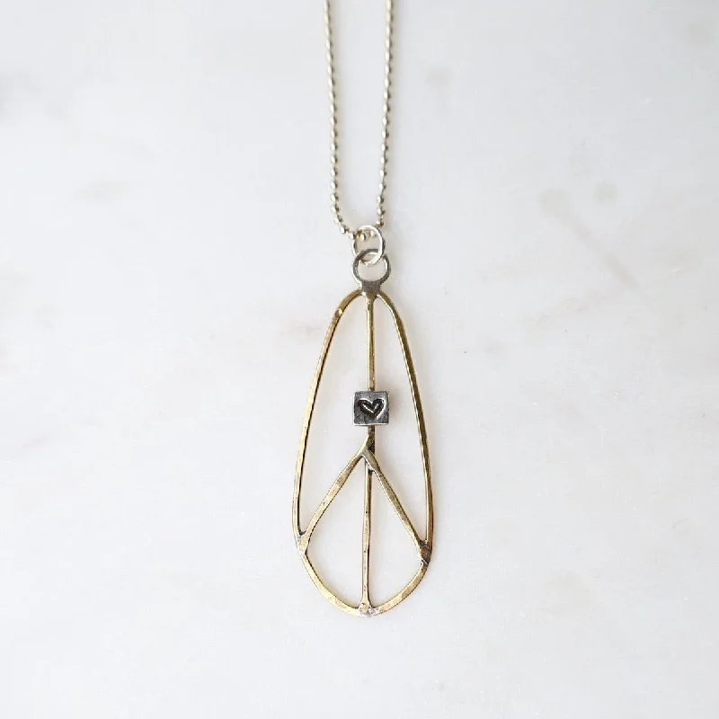 Elongated Teardrop Brass Peace Sign Necklace