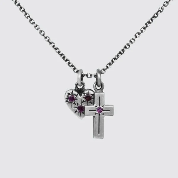 Garnet Small Heart and Cross Charm Necklace