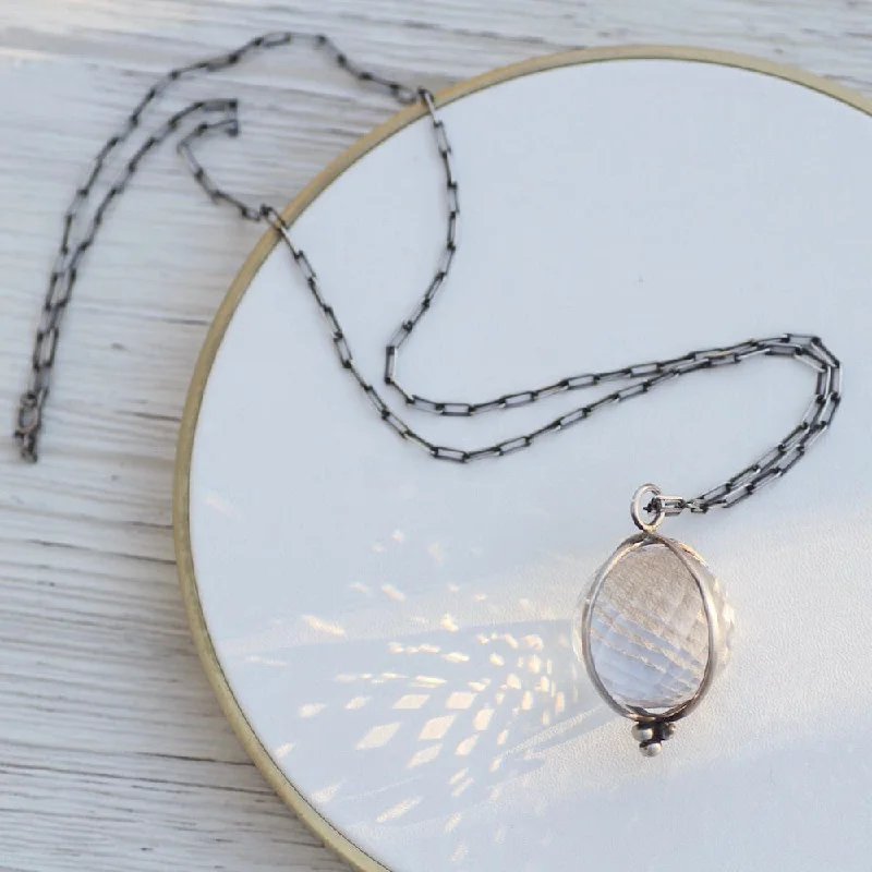 Caged Faceted Quartz Crystal Ball on Oxidized Cable Chain