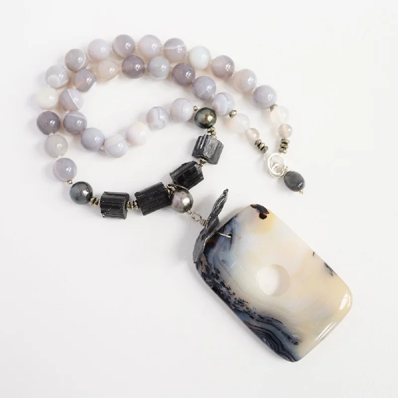 Grey Agate & Black Tourmaline with Dendritic Agate Necklace