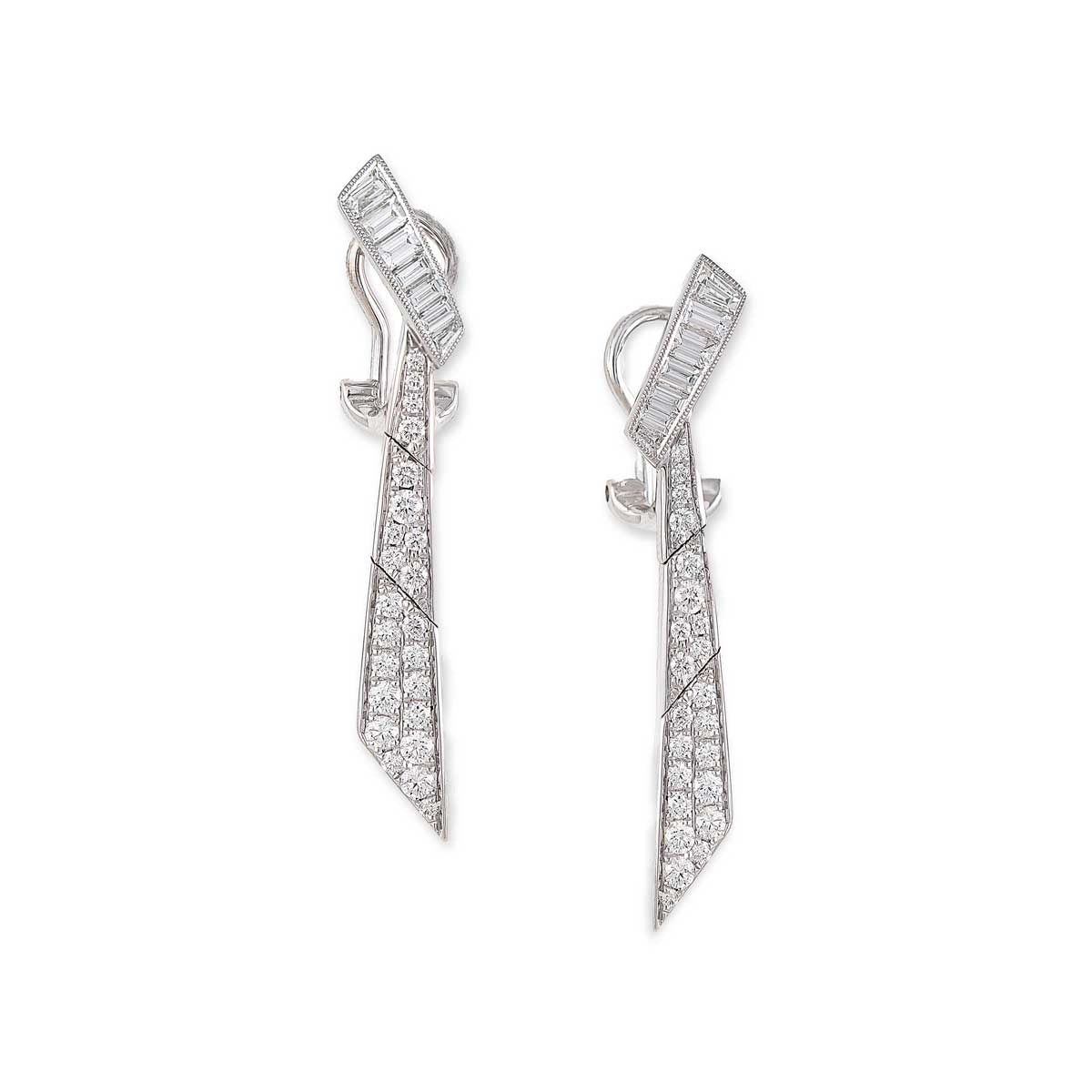 Simon G 18K White Gold Round and Baguette Diamond Dangle Earrings