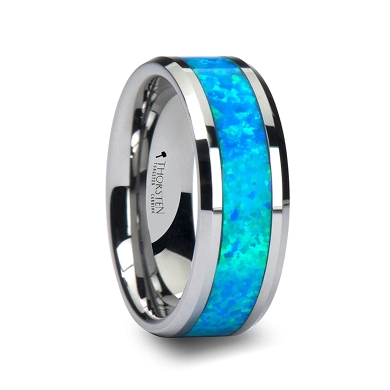 Tungsten Band with Blue Green Opal Inlay