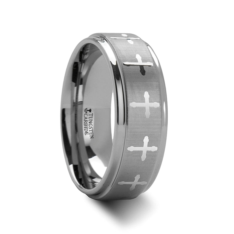 Tungsten Band with Raised Engraved Crosses Center