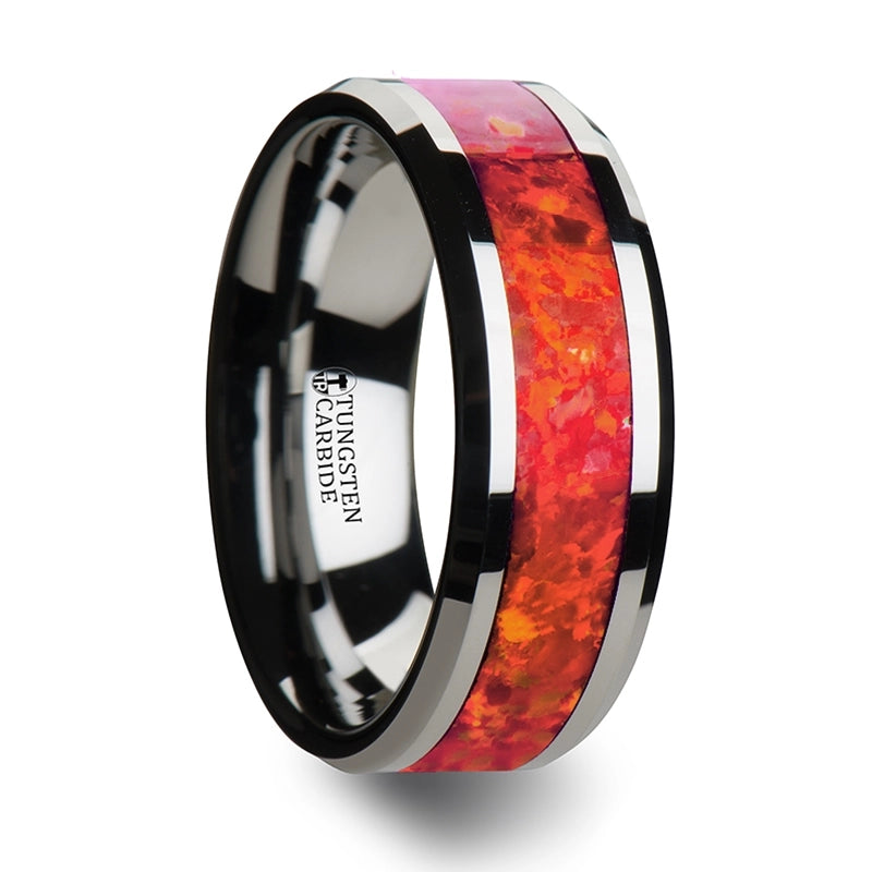 Tungsten Band with Red Opal Inlay