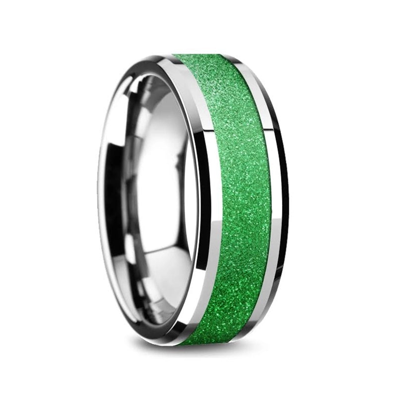 Tungsten Band with Sparkling Green Inlay