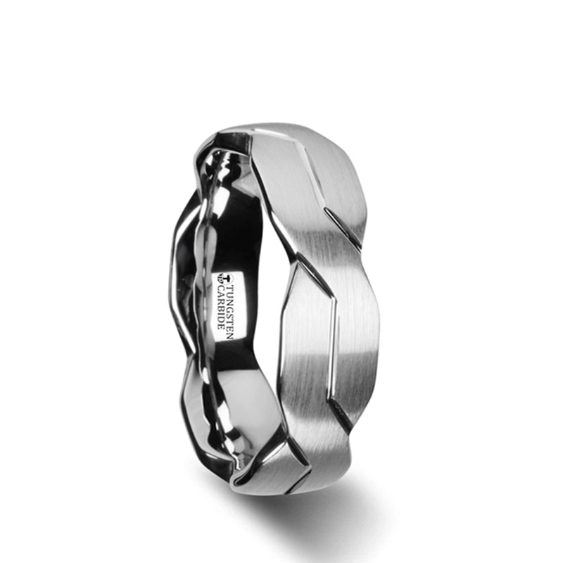 White Tungsten Band with Brushed Carved Infinity Symbol