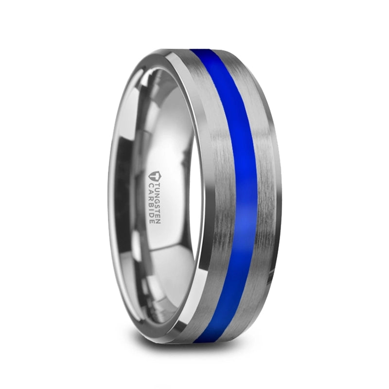 White Tungsten Band with Brushed Finish and Blue Stripe